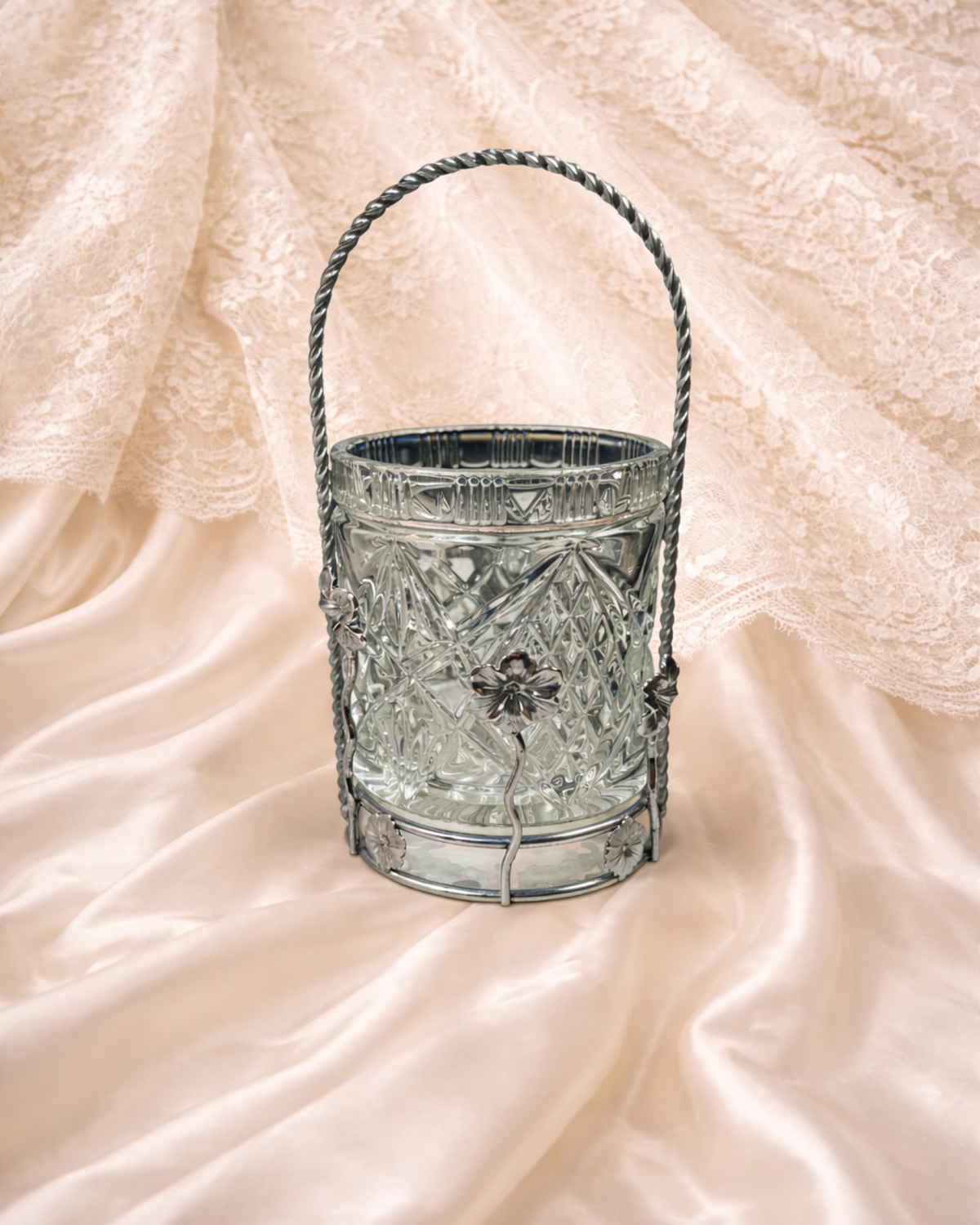 Vintage Glass & Silver Floral Ice Bucket