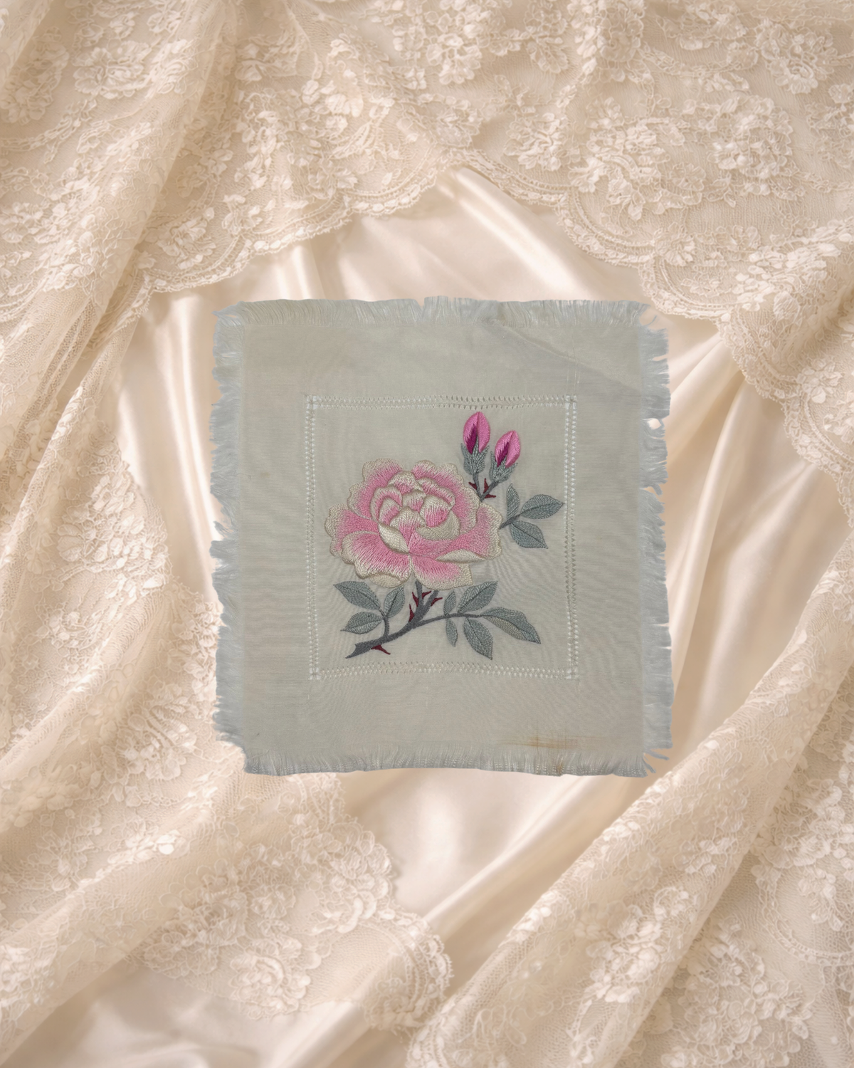 Vintage Rosebud Embroidered Silk Coaster