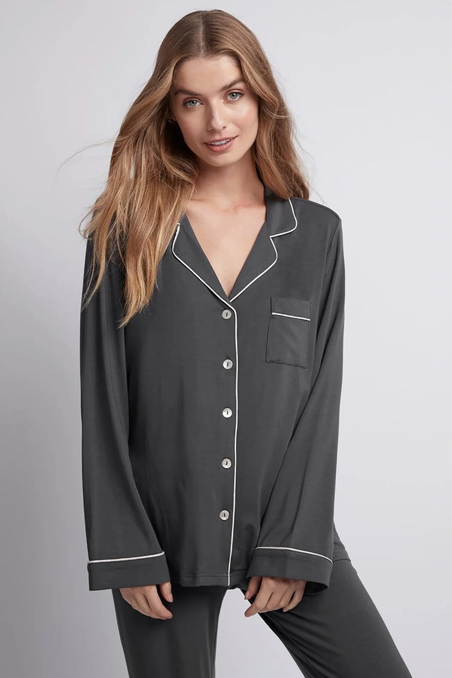 Charcoal Petra Long Pyjama Set with Blush Piping