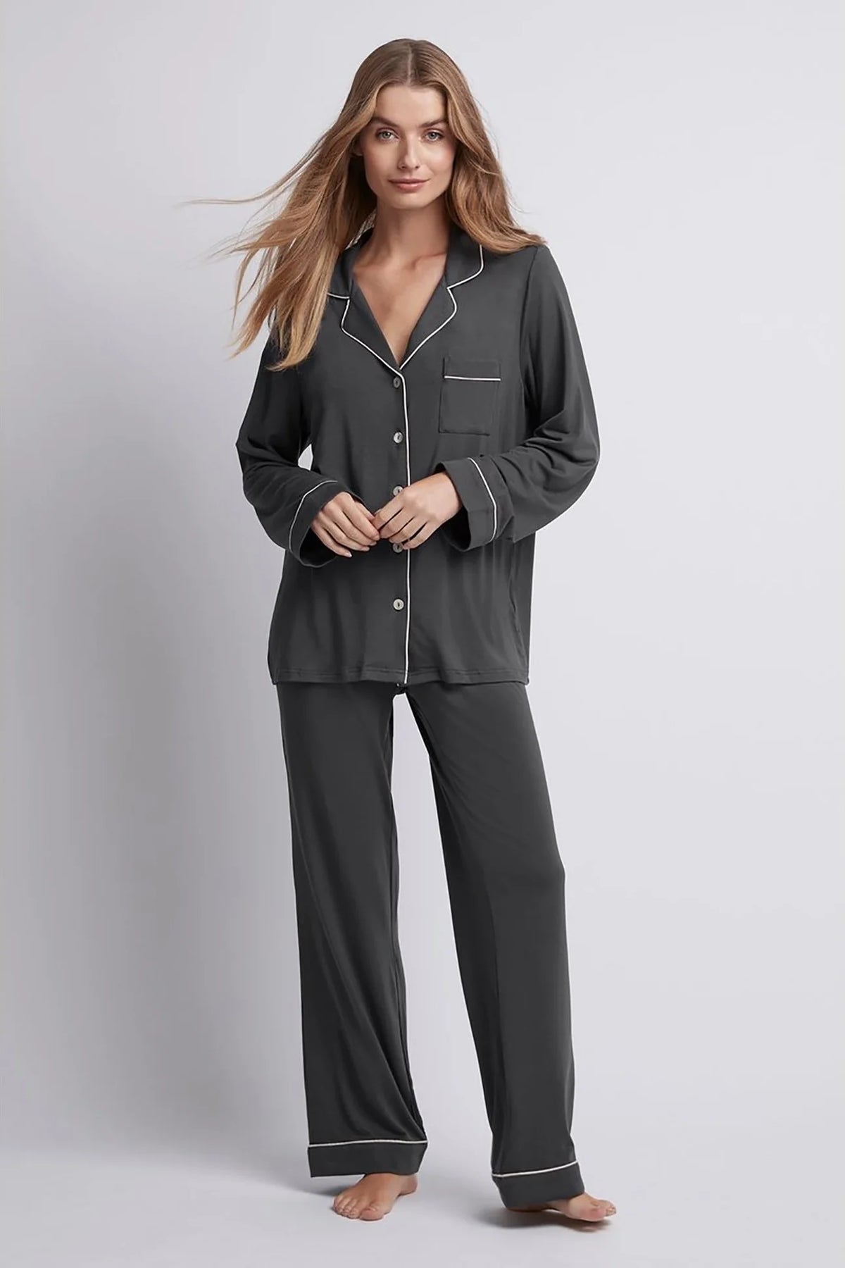Charcoal Petra Long Pyjama Set Blush Piping