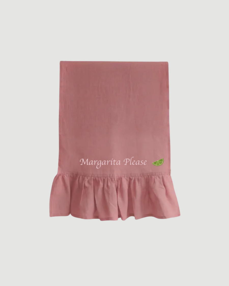 EMBROIDERED RUFFLED LINEN HAND TOWEL IN Dusty Pink