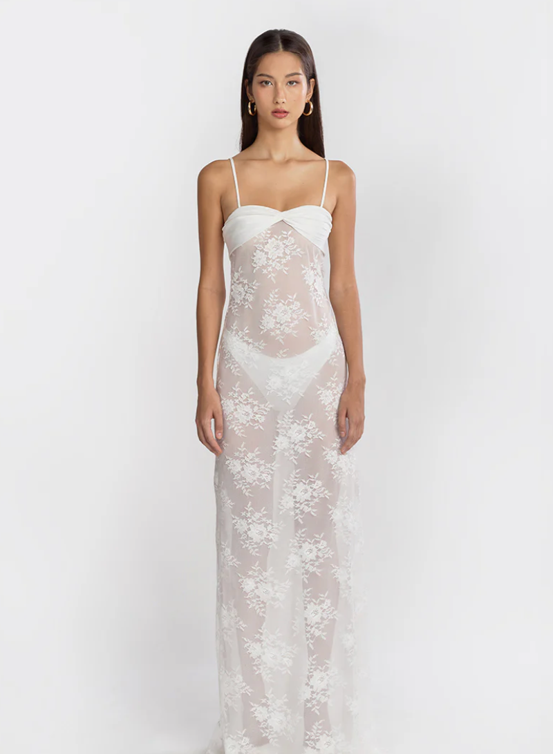 Lace Swan Slip Maxi Dress In White