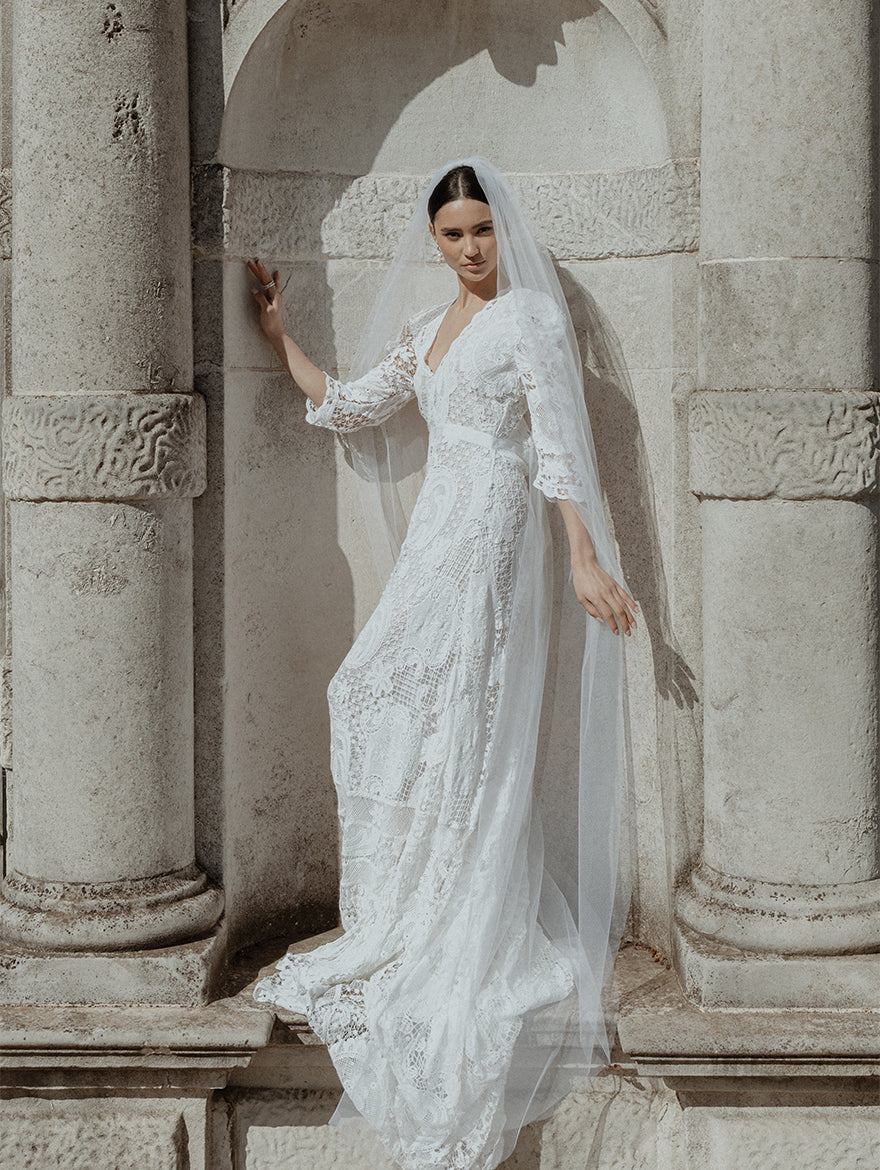 long wedding dress with long veil Off The Shoulder Satin Lace Split Wedding Dress With Long Veil WD604 Custom Size / As Picture