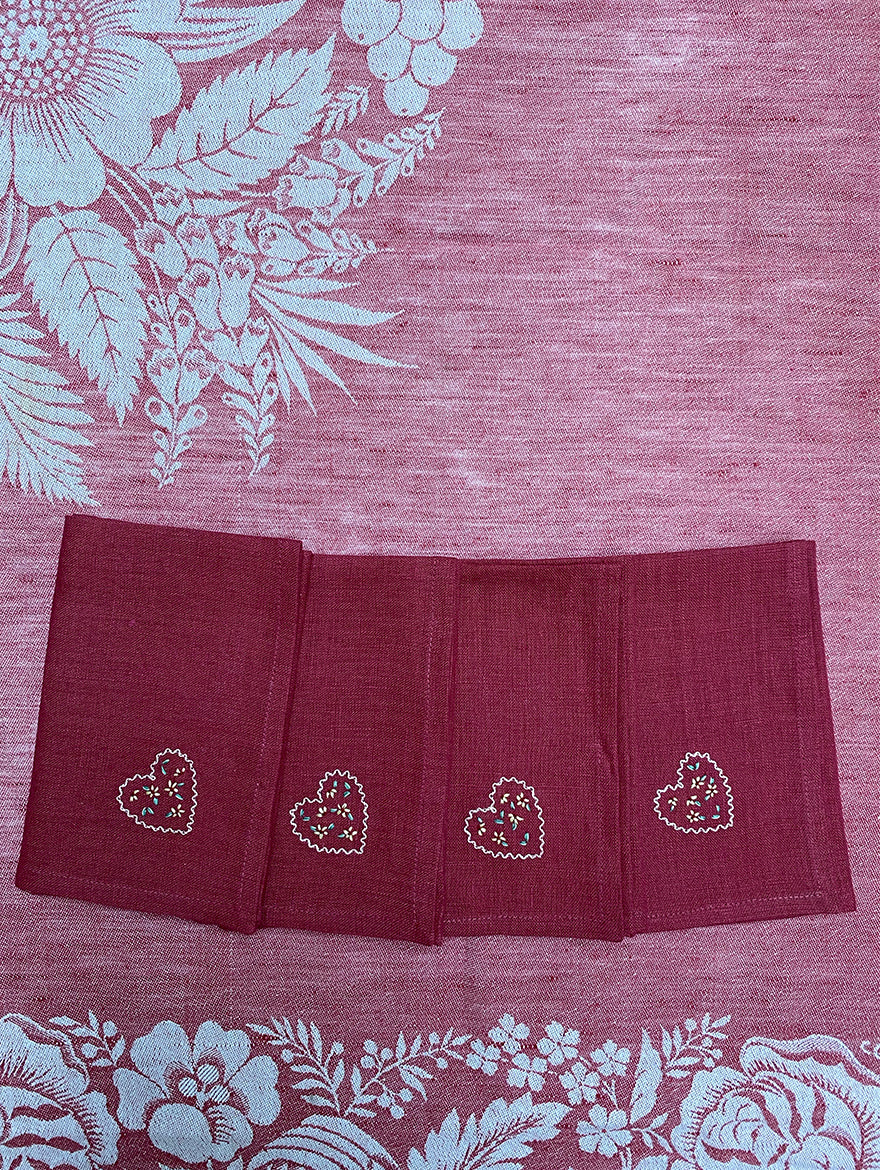 Love Heart Hand-Embroidered Raspberry Napkins